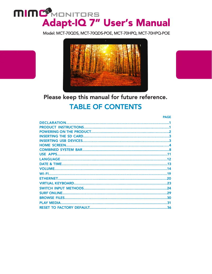 Page 1 de la notice Manuel utilisateur Mimo Monitors Adapt-IQ MCT-70HPQ-POE
