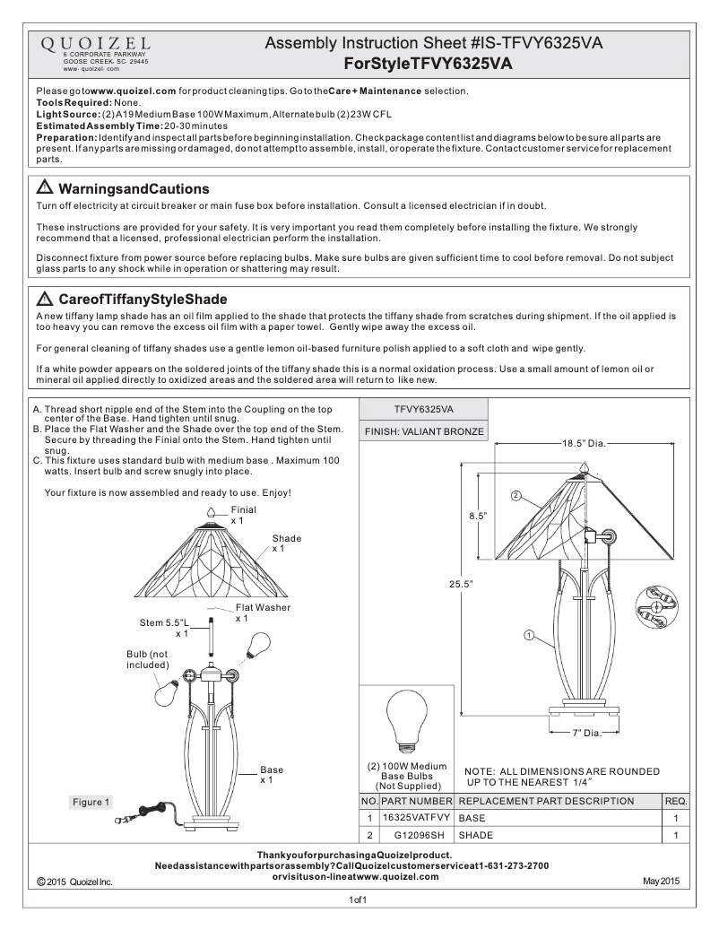 Page n°1 - Manuel utilisateur Quoizel Victory TFVY6325VA