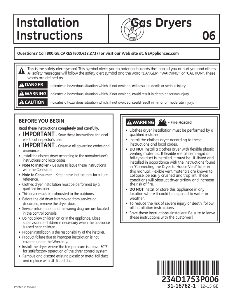 Page n°1 - Guide d'installation GE GTD86GSSJWS