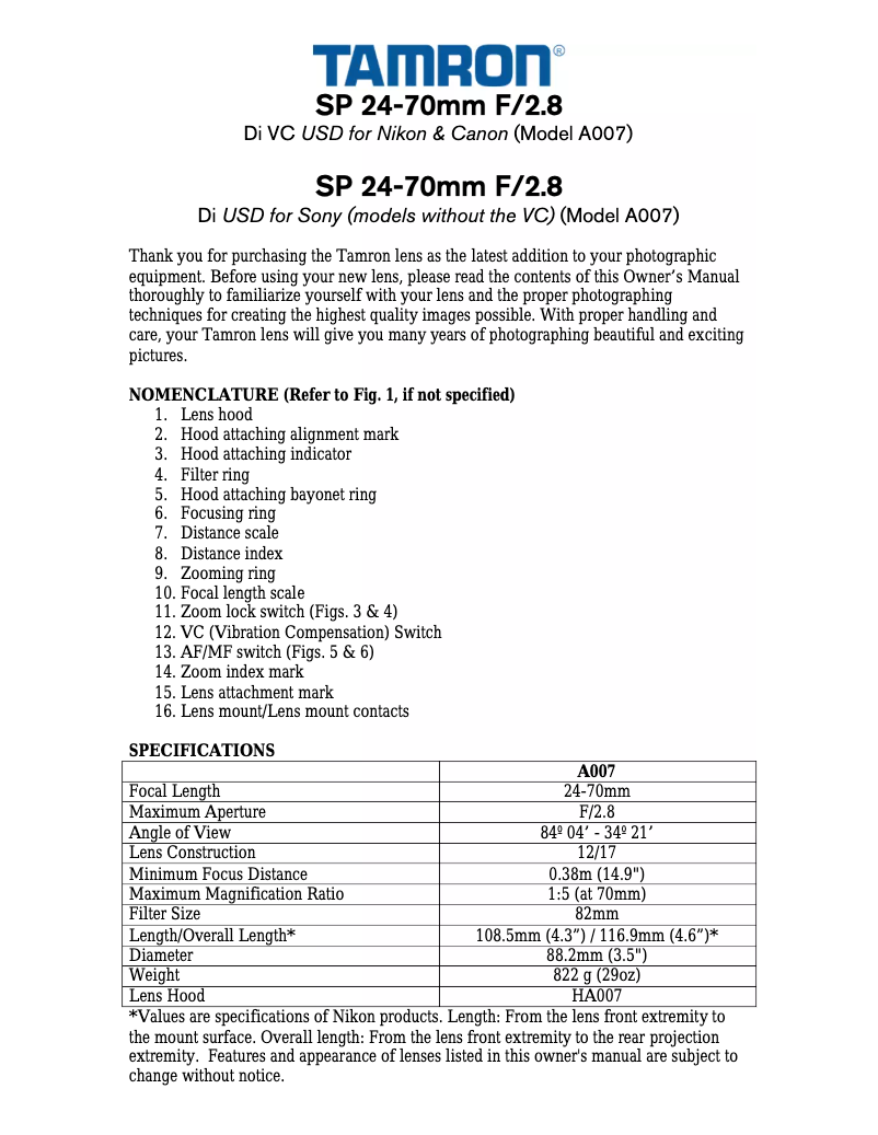 Page 1 de la notice Manuel utilisateur Tamron SP 24-70mm F/2.8