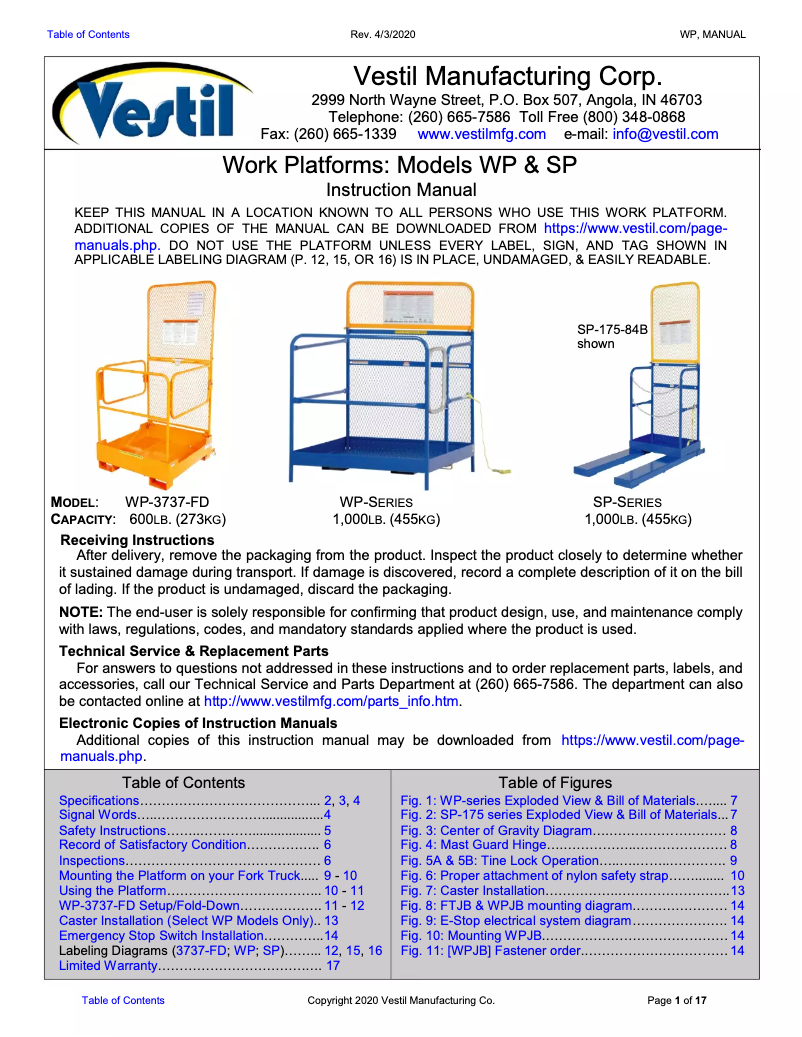 Page 1 de la notice Manuel utilisateur Vestil WP-4848