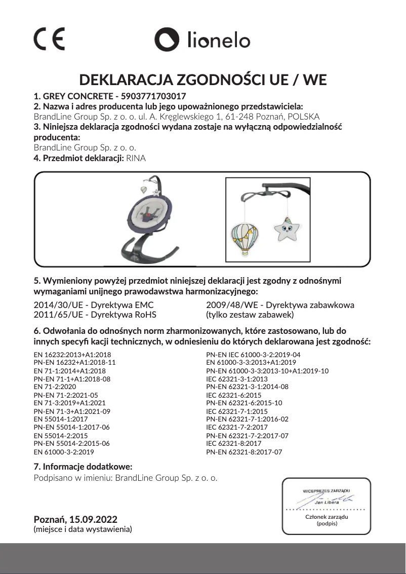 Page 1 de la notice Manuel utilisateur Lionelo Rina