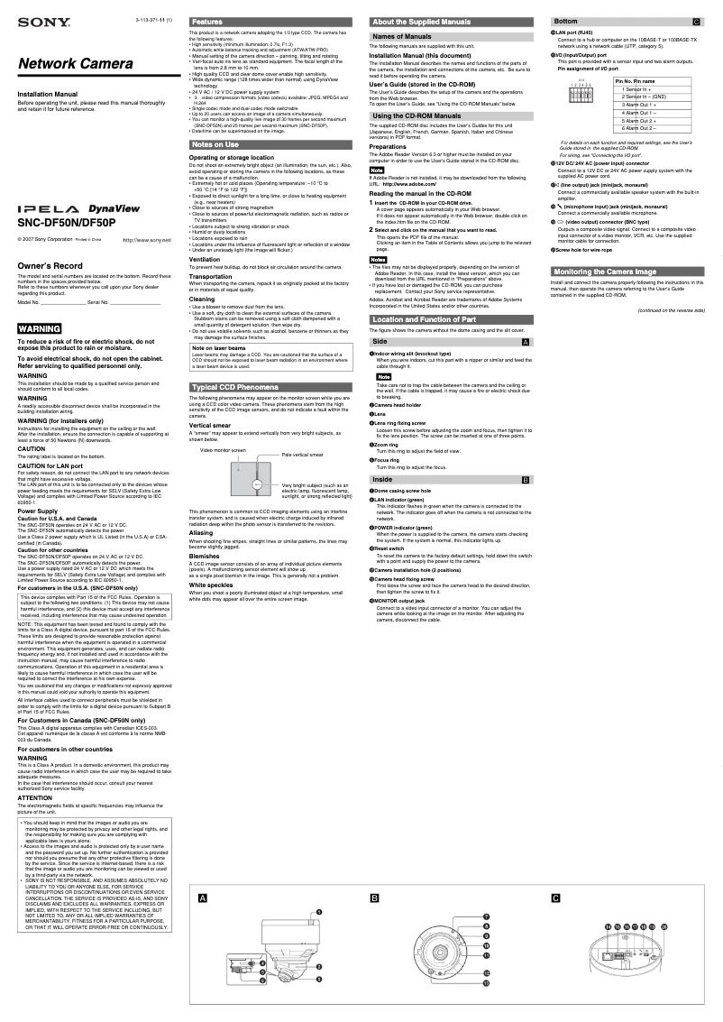 Page 1 de la notice Manuel utilisateur Sony SNC-DF50N