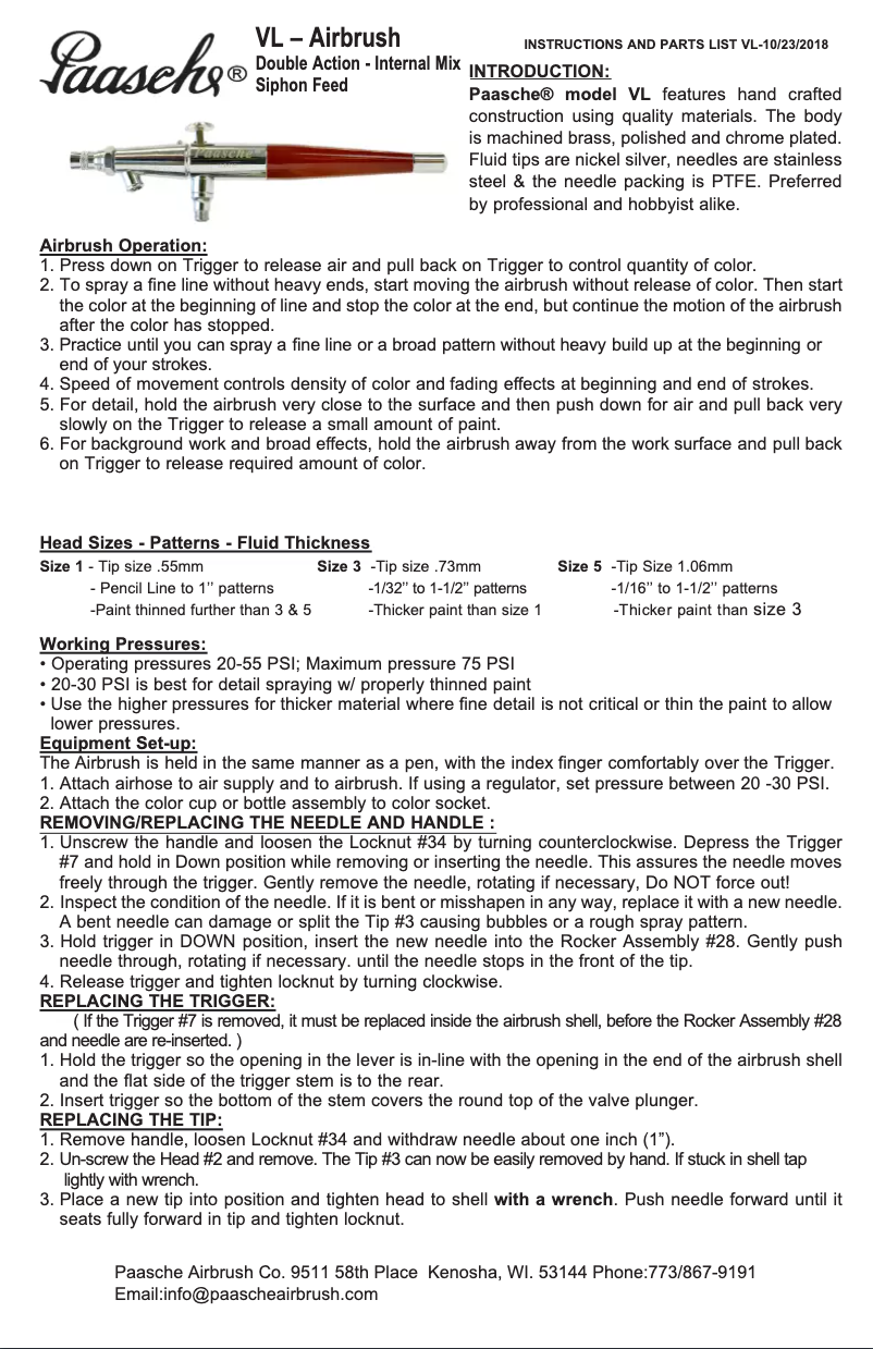 Page 1 de la notice Manuel utilisateur Paasche VL-1AS