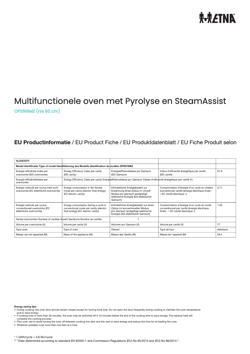 Page 1 de la notice Fiche technique Etna OPS916MZ