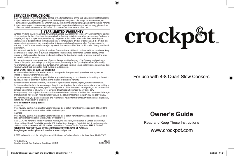 Page 1 de la notice Manuel utilisateur Crock-Pot SCCPVF710-PL-WM-BR