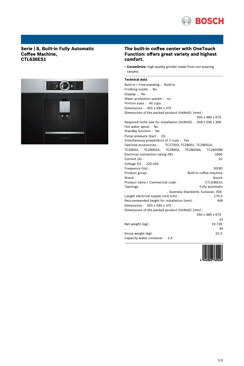 Page n°1 - Fiche technique Bosch CTL636ES1