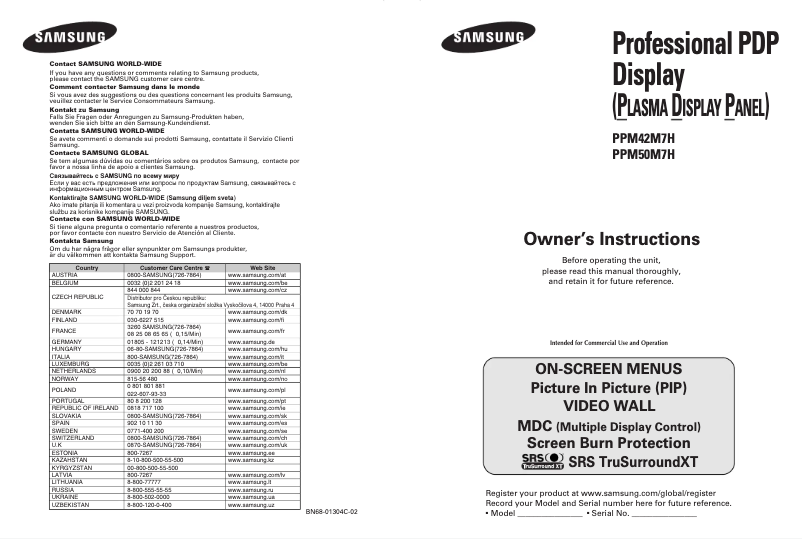 Page 1 de la notice Manuel utilisateur Samsung PPM50M7HS