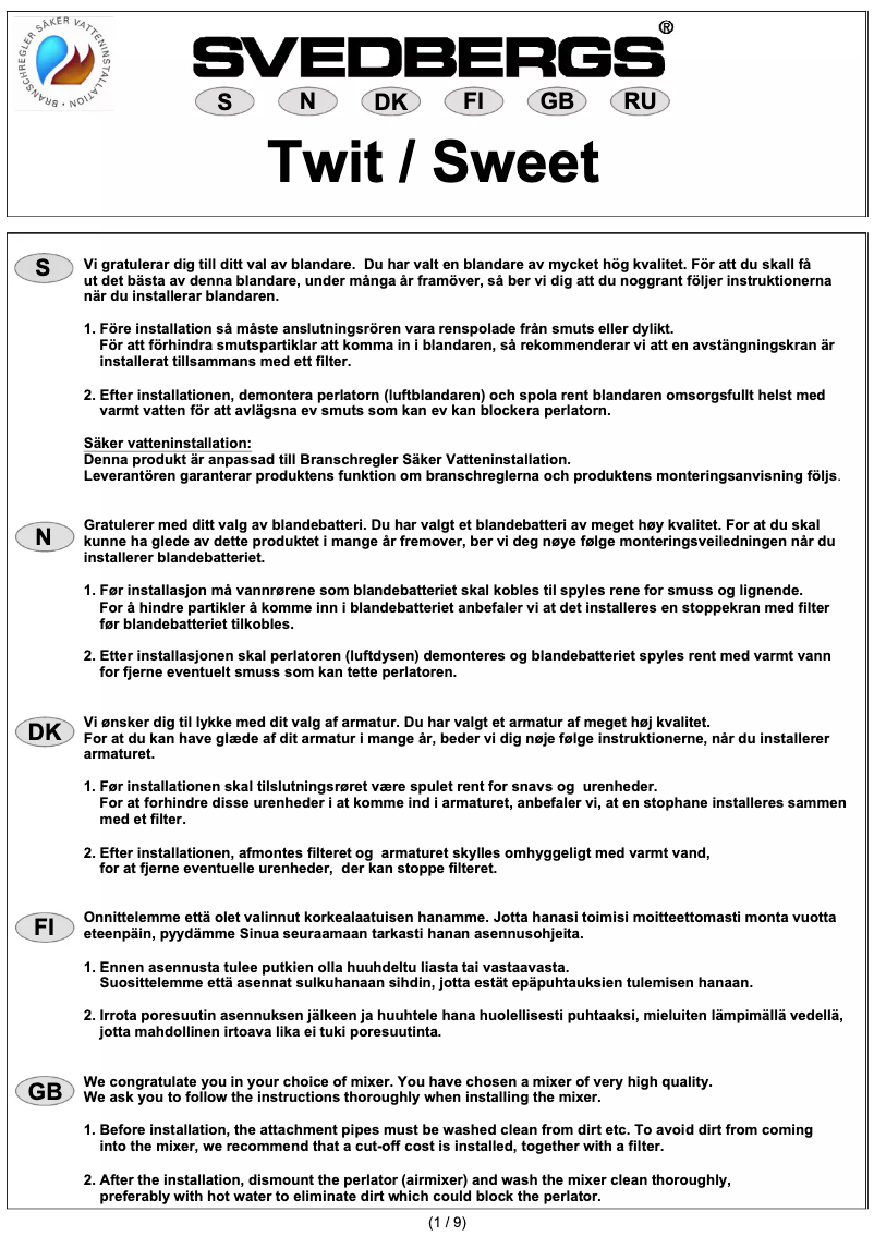 Page 1 de la notice Manuel utilisateur Svedbergs Sweet