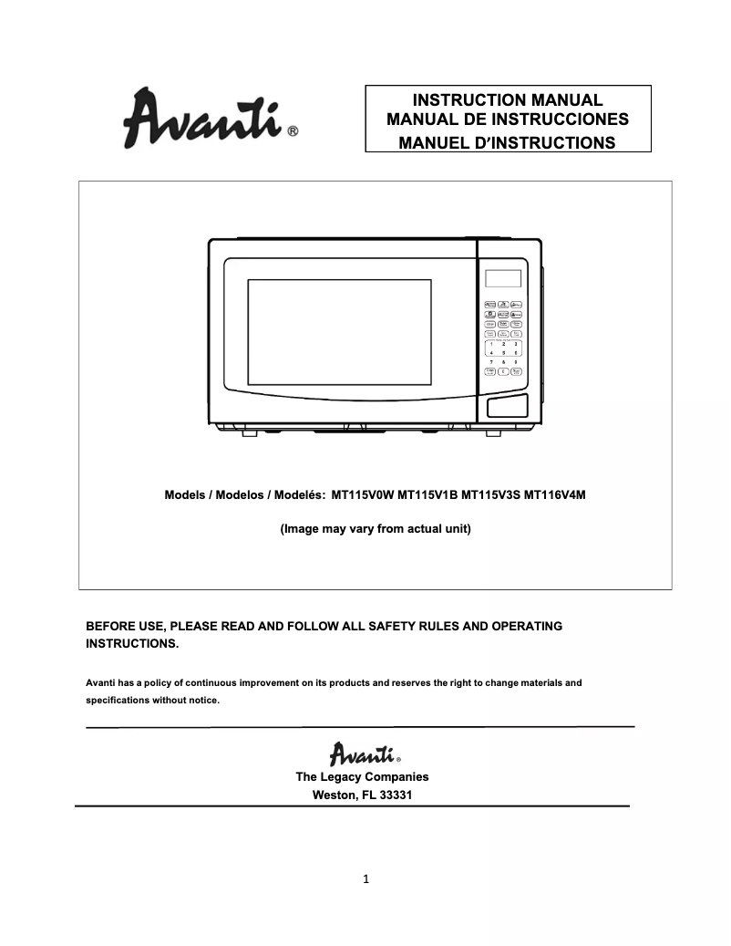 Page 1 de la notice Manuel utilisateur Avanti MT116V4M