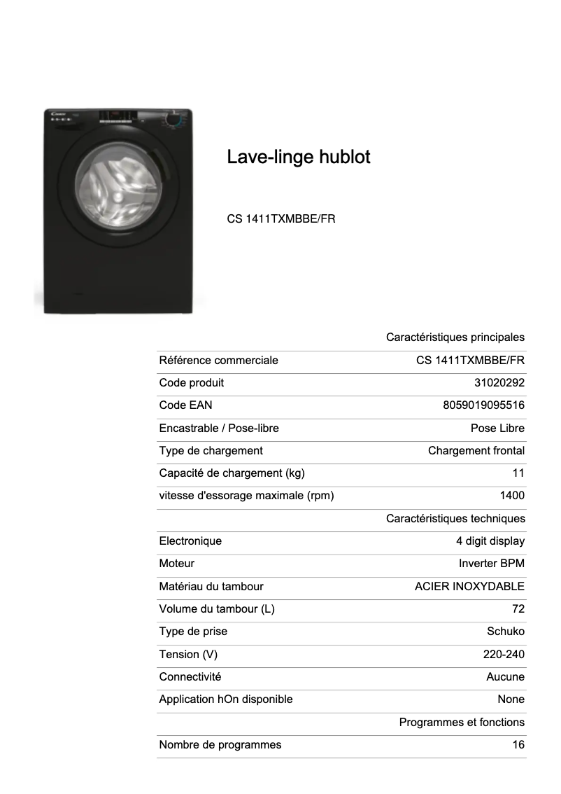 Page 1 de la notice Fiche technique Candy CS 1411TXMBBE/FR