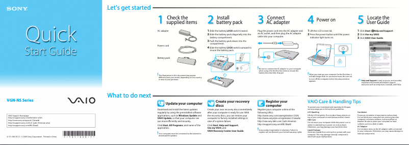Page 1 de la notice Guide d'installation Sony Vaio VGN-NS255D