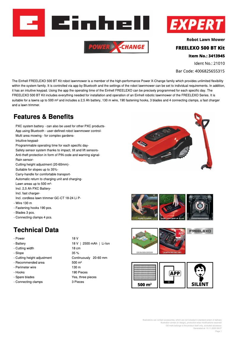 Page n°1 - Fiche technique Einhell FREELEXO 500 BT