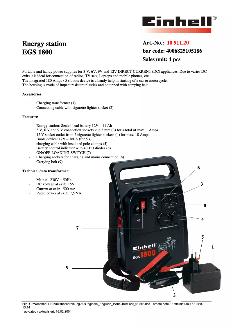 Image de la première page du manuel de l'appareil EGS 1800