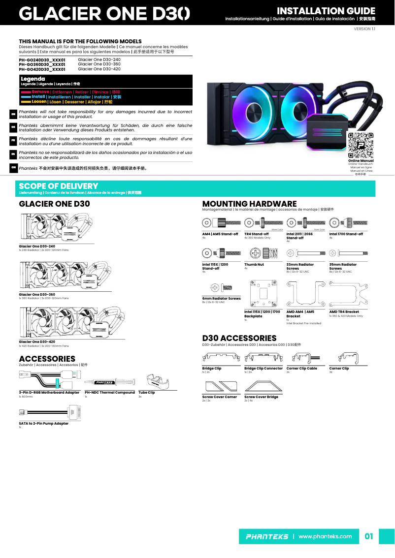 Page 1 de la notice Manuel utilisateur Phanteks Glacier One D30