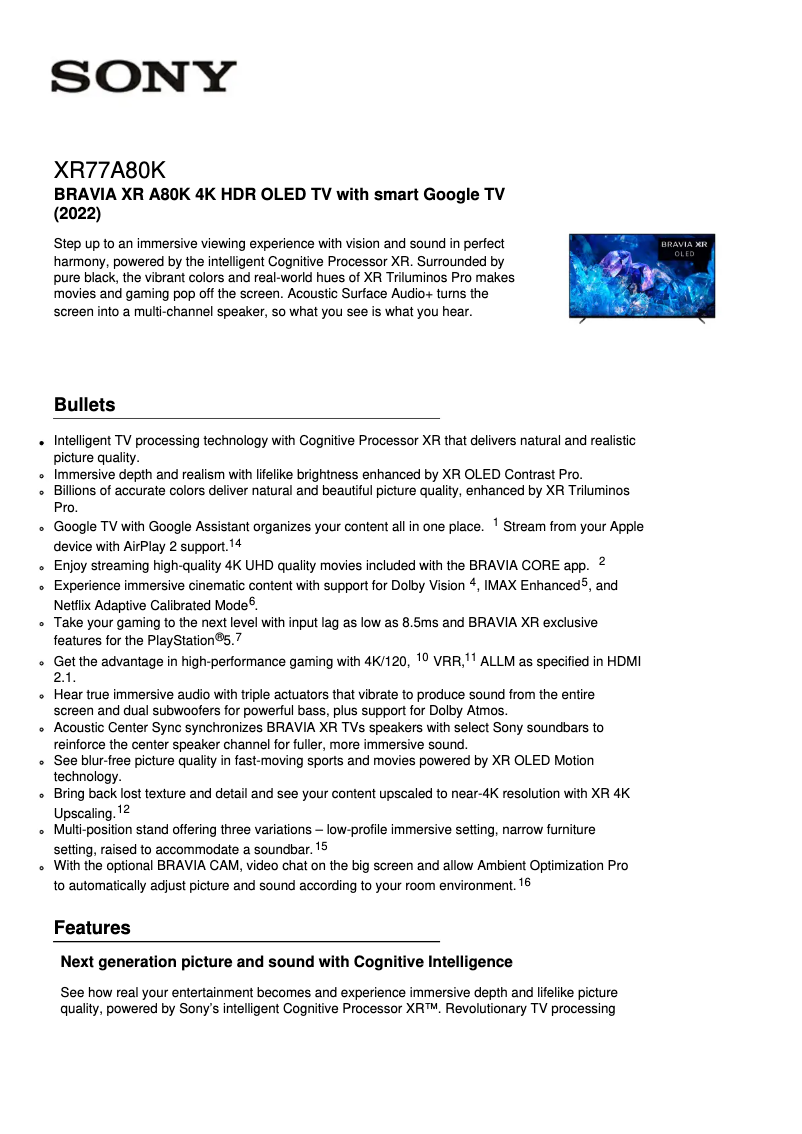 Página 1 del manual Ficha técnica Sony XR-77A80K