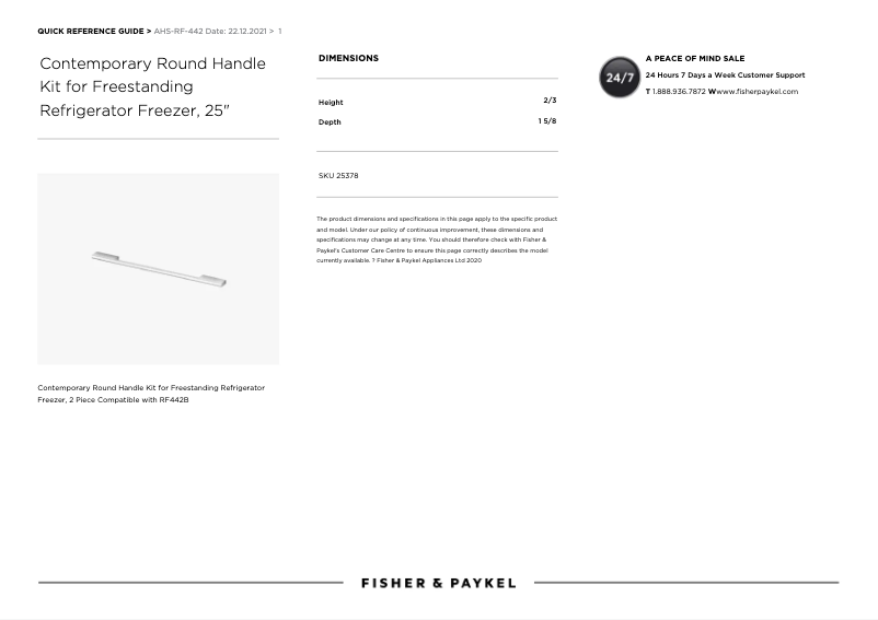 Page 1 de la notice Manuel utilisateur Fisher & Paykel AHS-RF-442