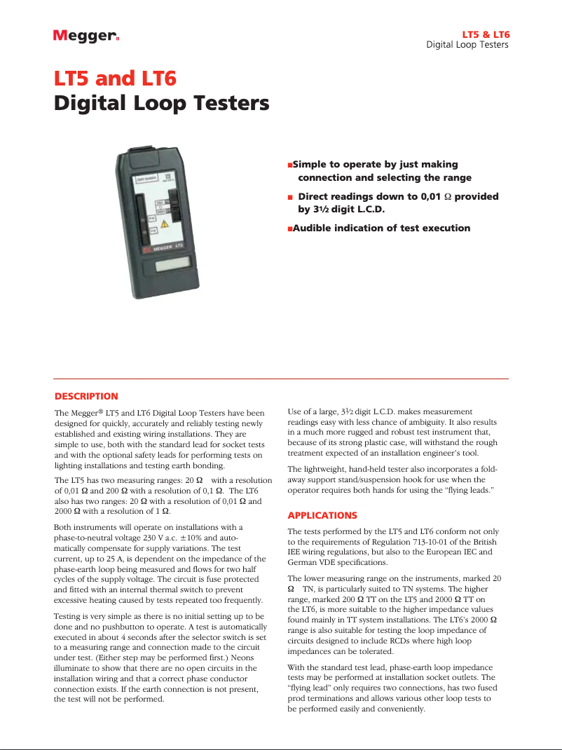 Page 1 de la notice Fiche technique Megger LT6