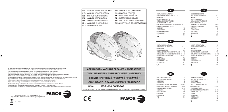 Page 1 de la notice Manuel utilisateur Fagor VCE-606
