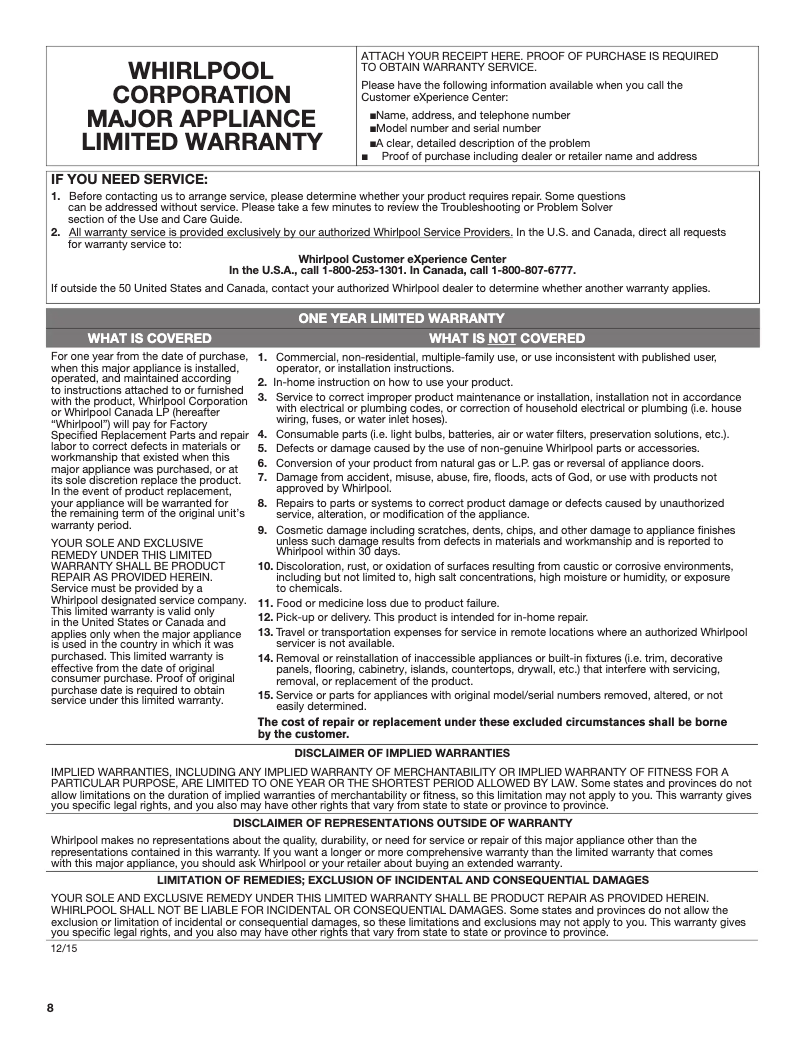 Page 1 de la notice Informations de garantie JennAir UDT555SAFP