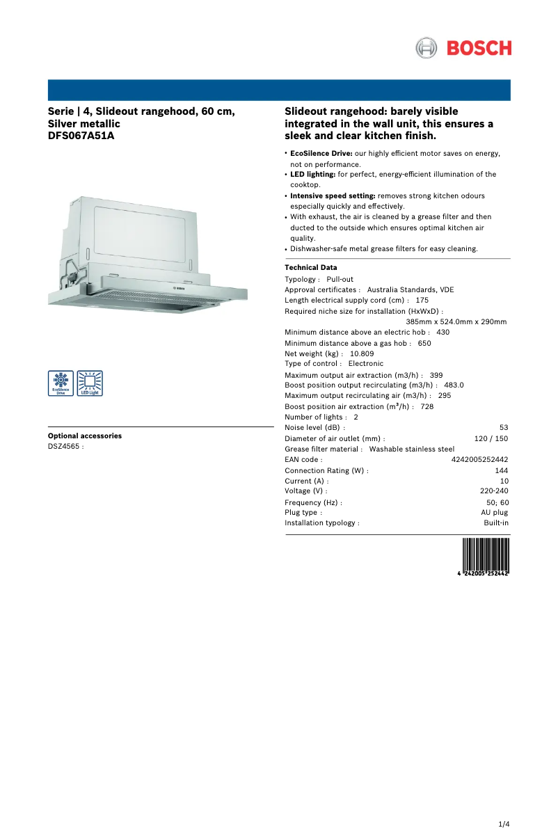 Page 1 de la notice Fiche technique Bosch DFS067A51A