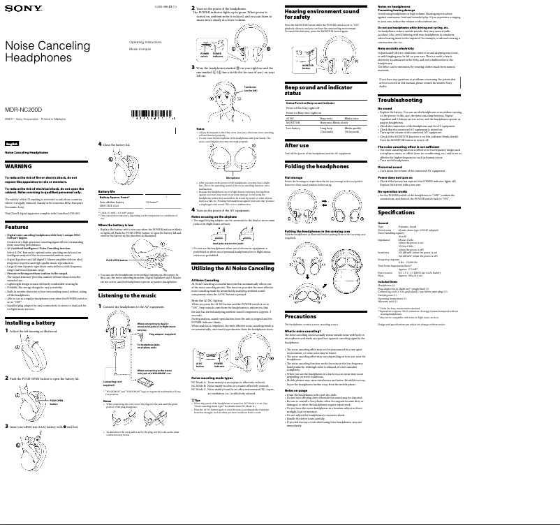 Page n°1 - Manuel utilisateur Sony MDR-NC200D