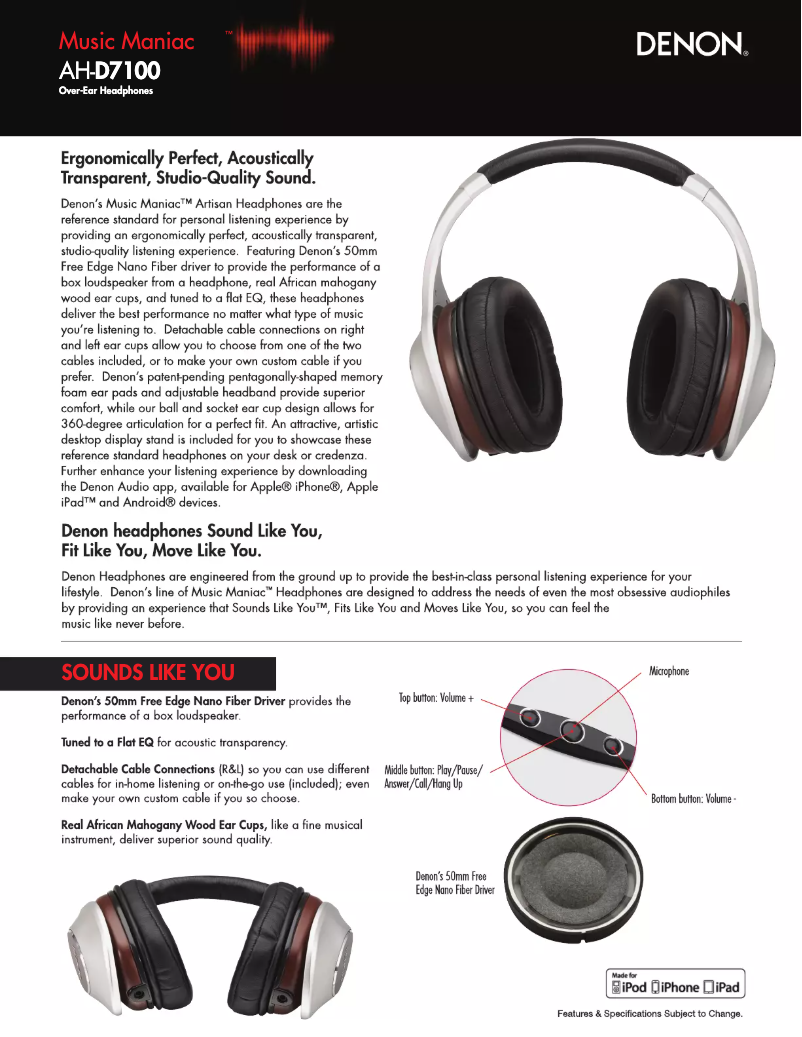 Page 1 de la notice Fiche technique Denon AH-D7100