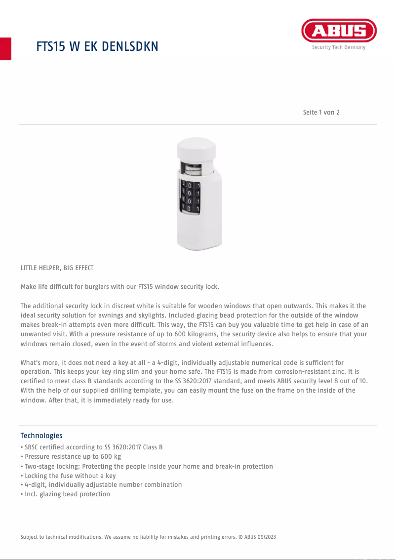 Page n°1 - Fiche technique Abus FTS15