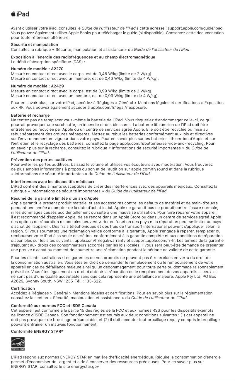 Page 1 de la notice Manuel utilisateur Apple iPad Pro (2021)