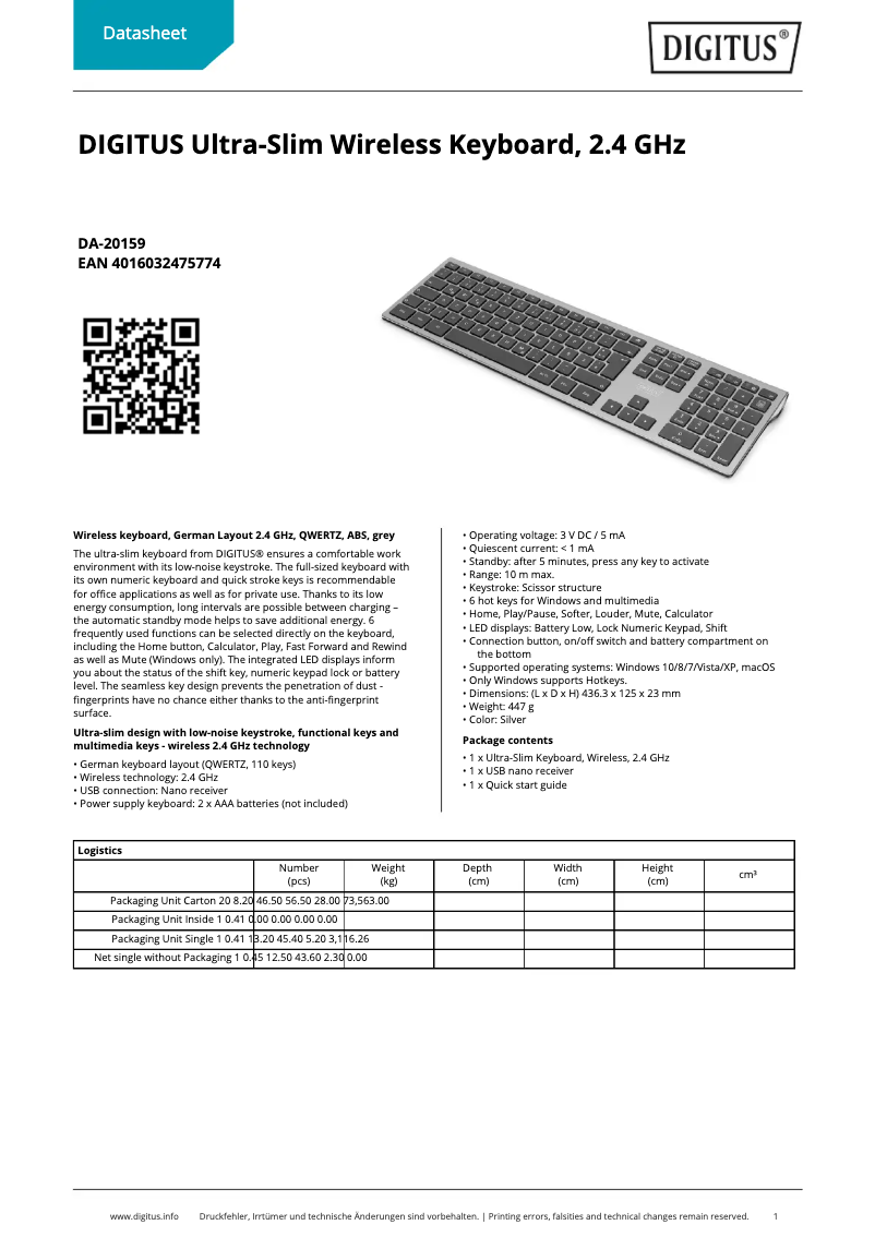 Page 1 de la notice Fiche technique Digitus DA-20159