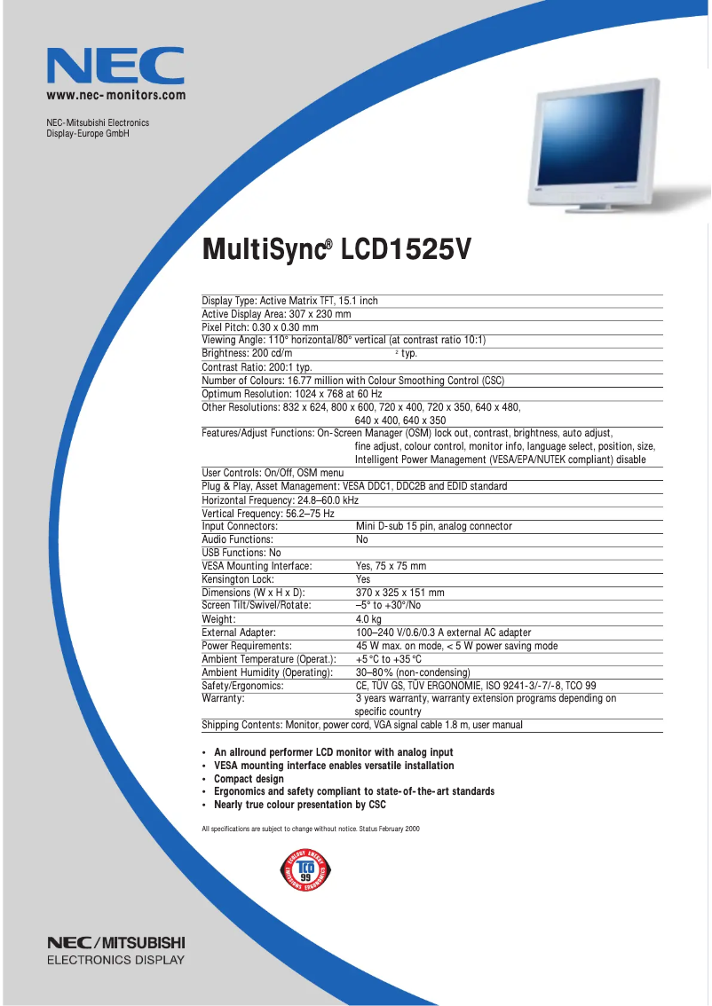 Página 1 del manual Ficha técnica NEC MultiSync LCD1525V