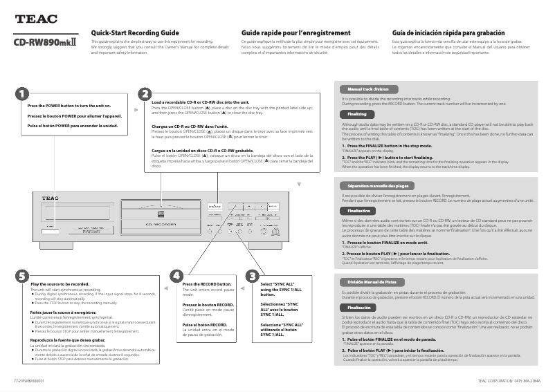 Page 1 de la notice Guide de démarrage rapide Teac CD-RW890MKII