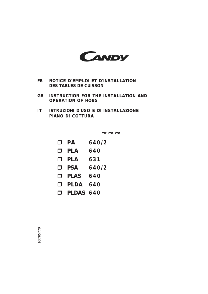 Page n°1 - Manuel utilisateur Candy PCPSA640/2AL