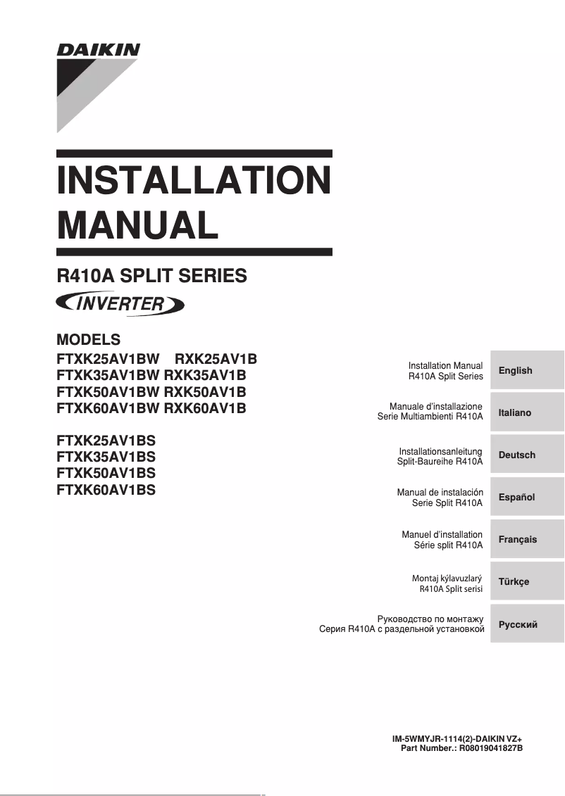 Page 1 de la notice Guide d'installation Daikin FTXK35AV1BS