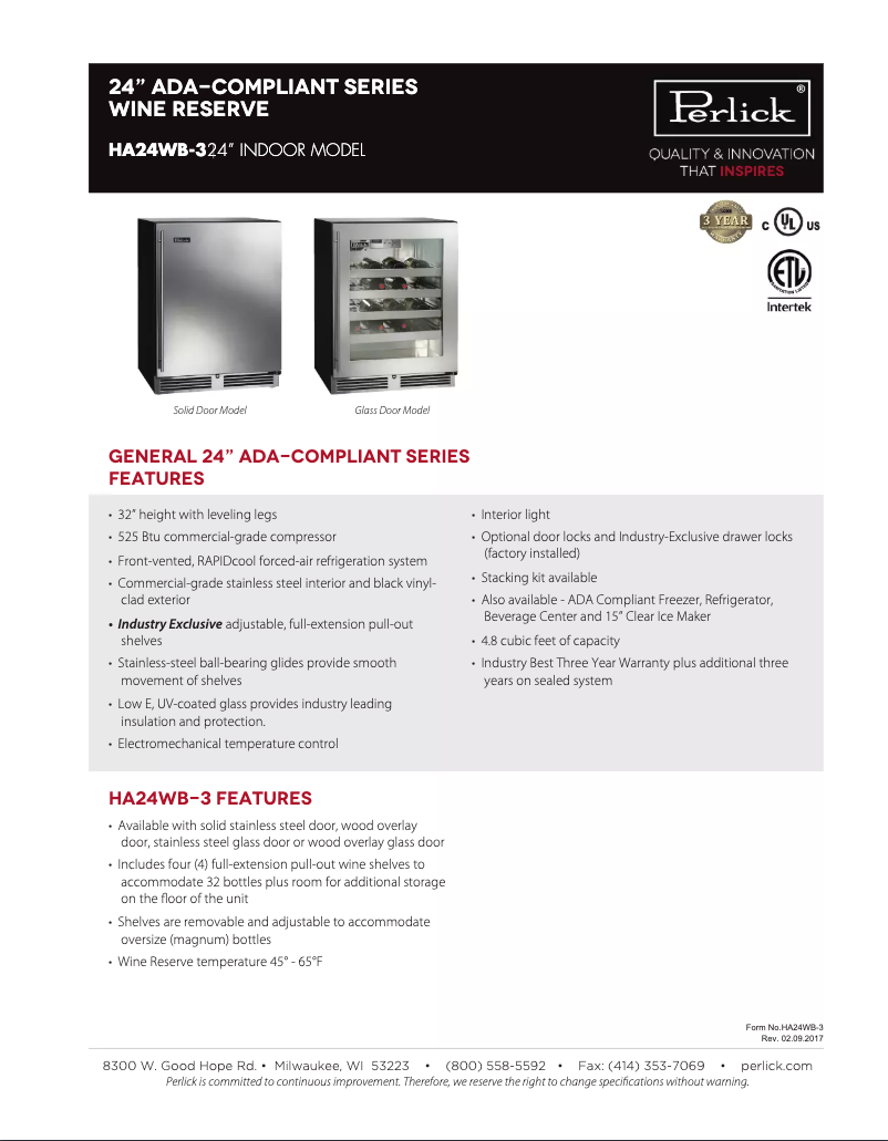 Página 1 del manual Ficha técnica Perlick ADA Compliant Series HA24WB-3-2L