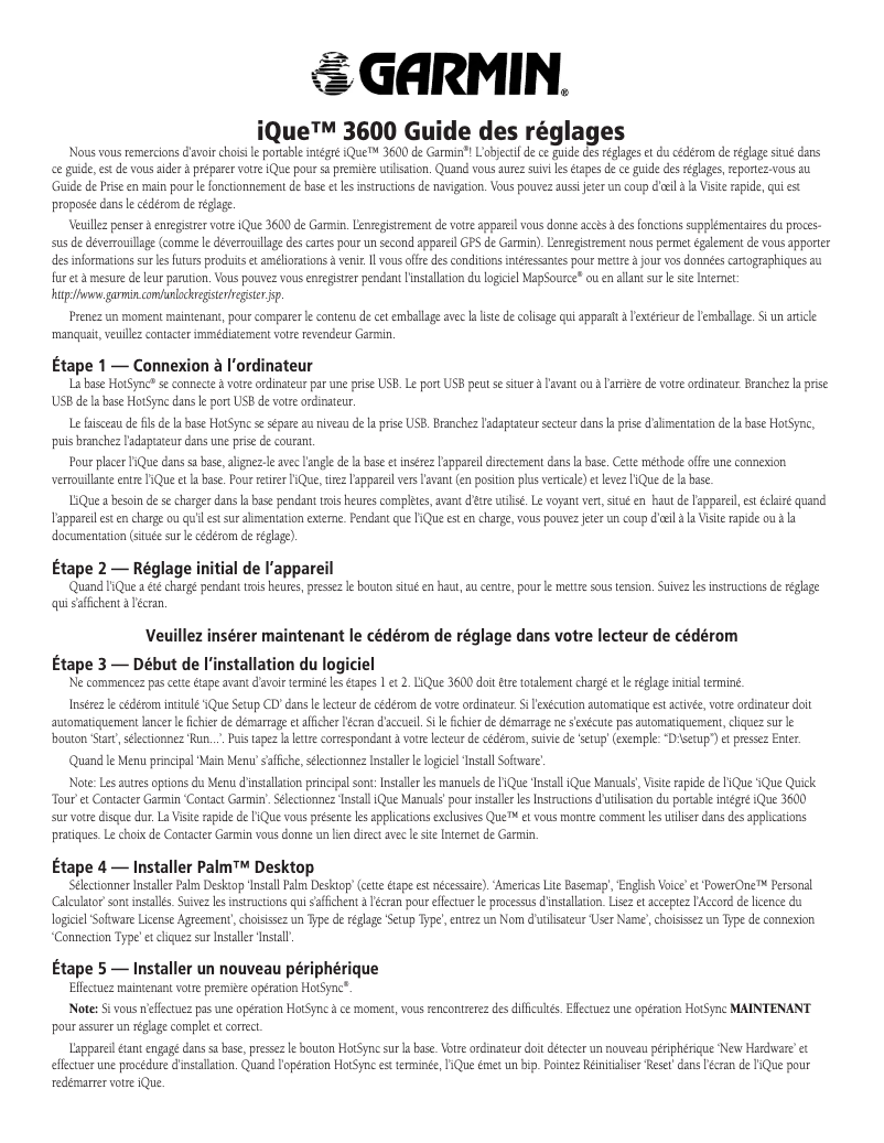 Page n°1 - Guide d'installation Garmin iQue 3600