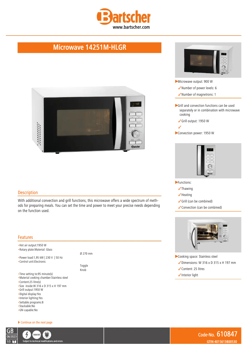 Page 1 de la notice Fiche technique Bartscher 14251M-HLGR