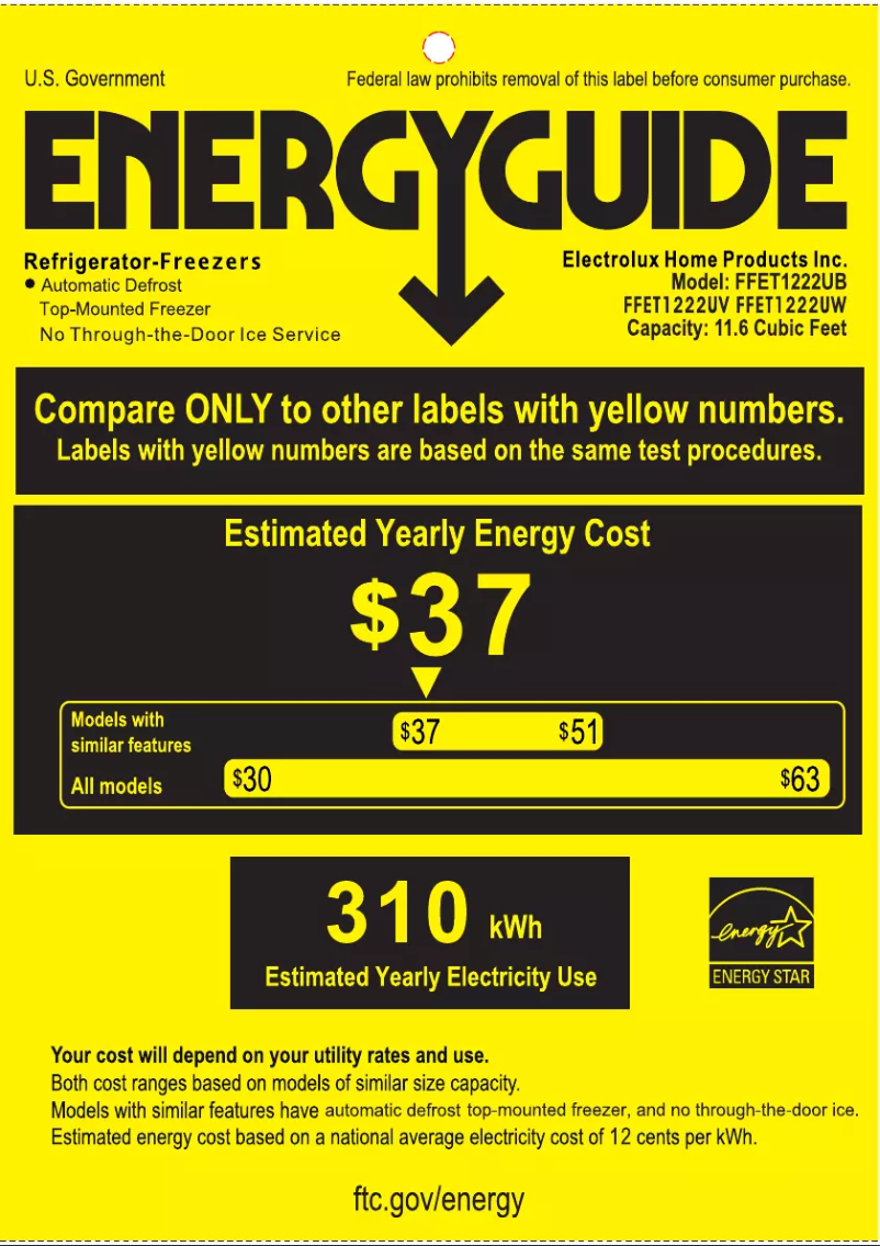 Page n°1 - Label énergétique Frigidaire FFET1222UW