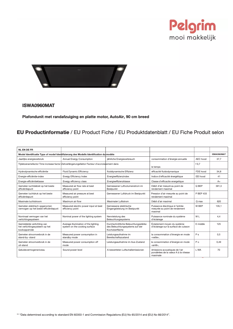 Page 1 de la notice Fiche technique Pelgrim ISWA0960MAT