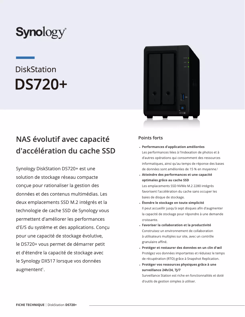 Page 1 de la notice Fiche technique Synology DiskStation DS720+