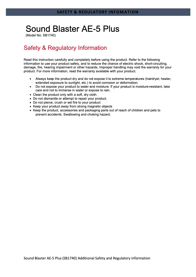 Page 1 de la notice Instructions de sécurité Creative Sound BlasterX AE-5 Plus