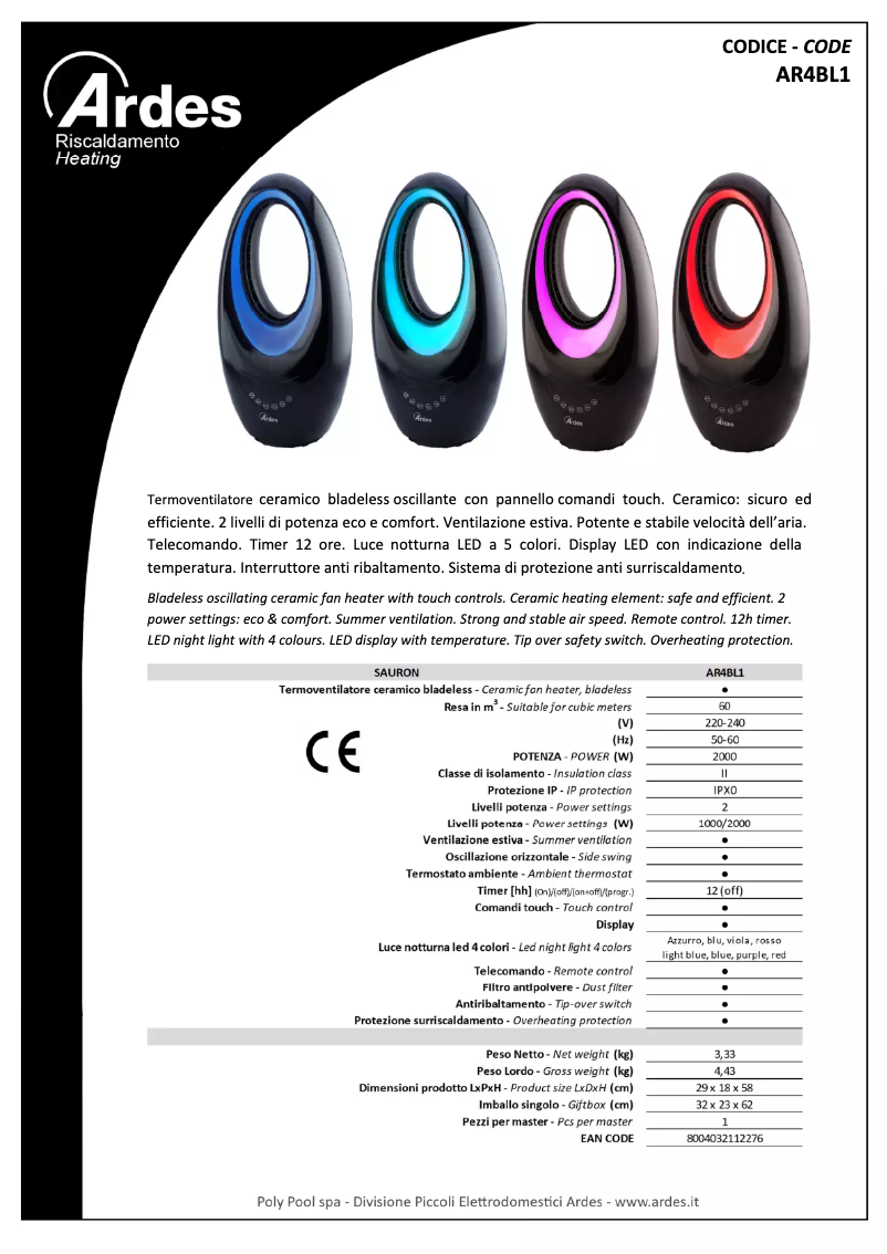 Página 1 del manual Ficha técnica Ardes AR4BL1