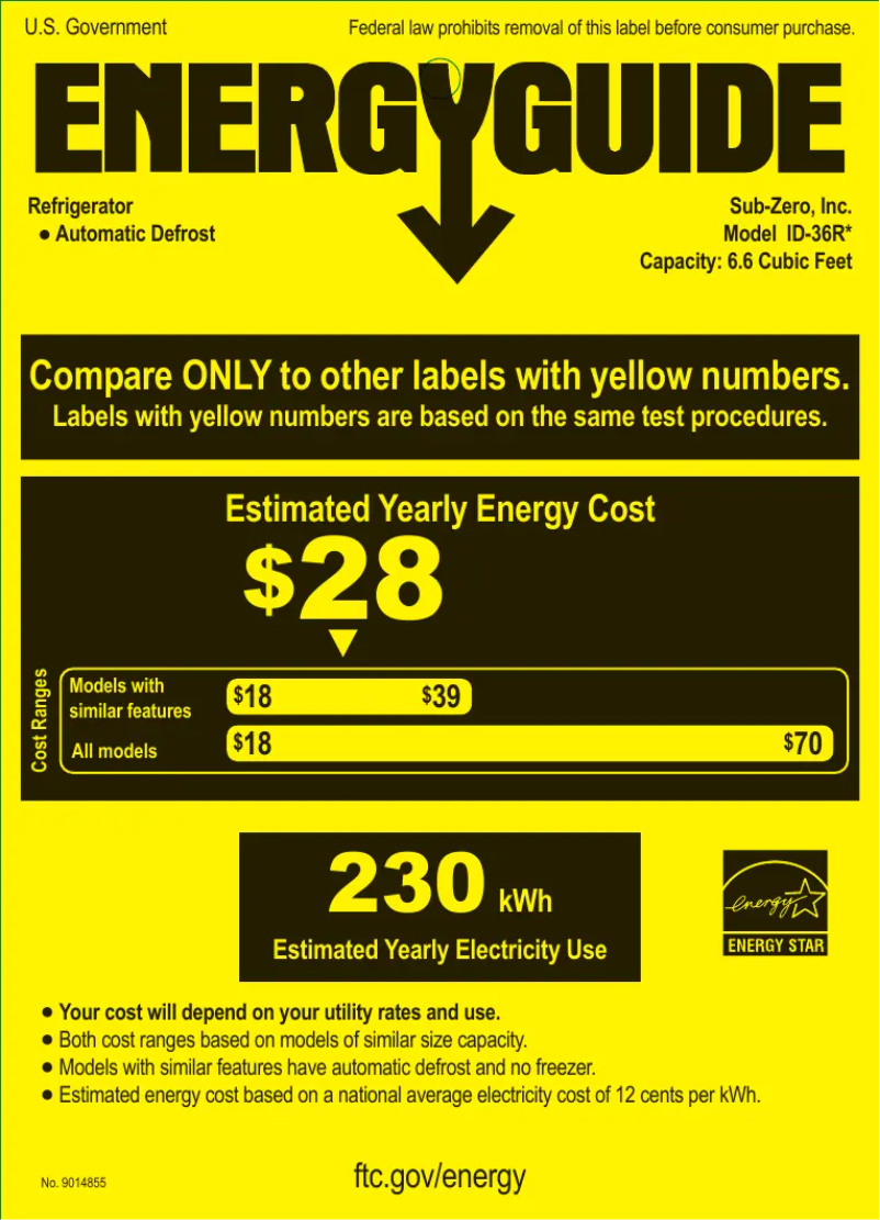 Page 1 de la notice Label énergétique Sub-Zero ID-36R