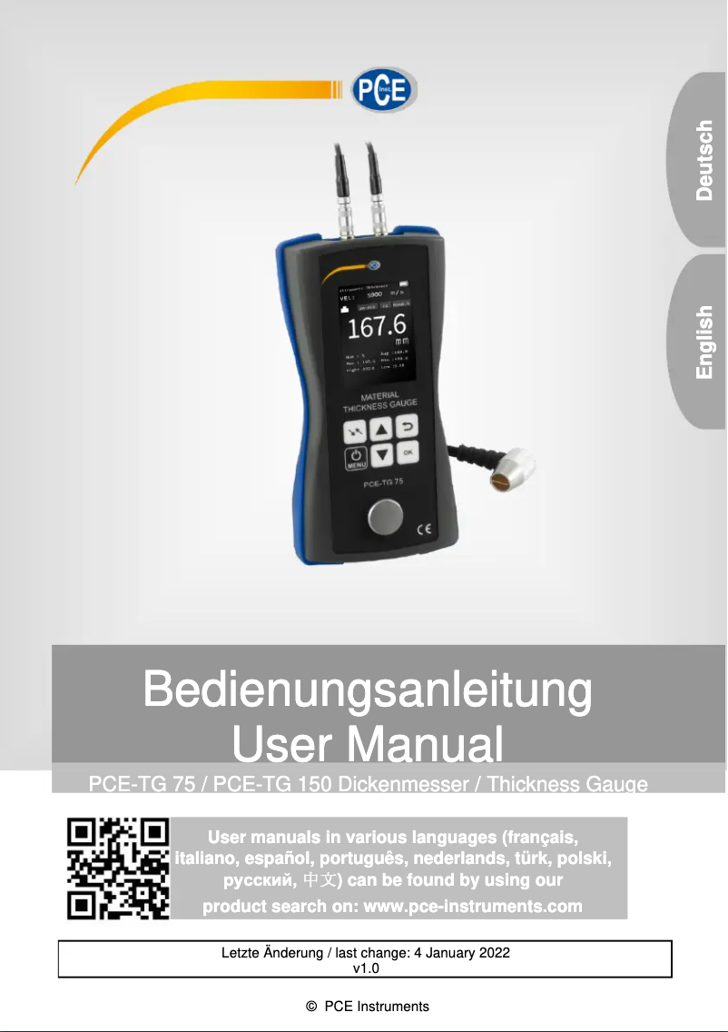 Page 1 de la notice Manuel utilisateur PCE Instruments PCE-TG 75