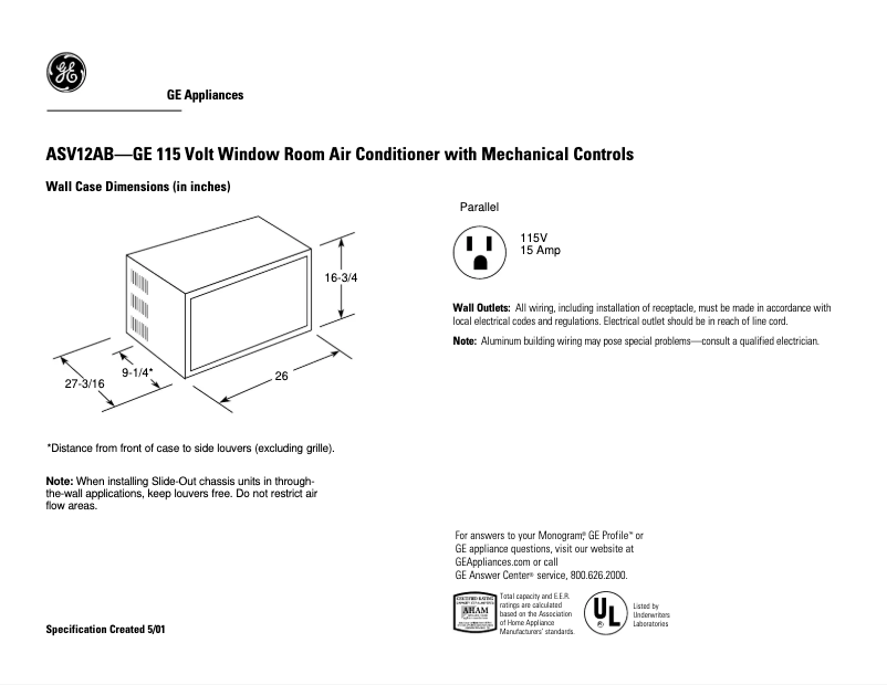 Page 1 de la notice Fiche technique GE ASV12AB