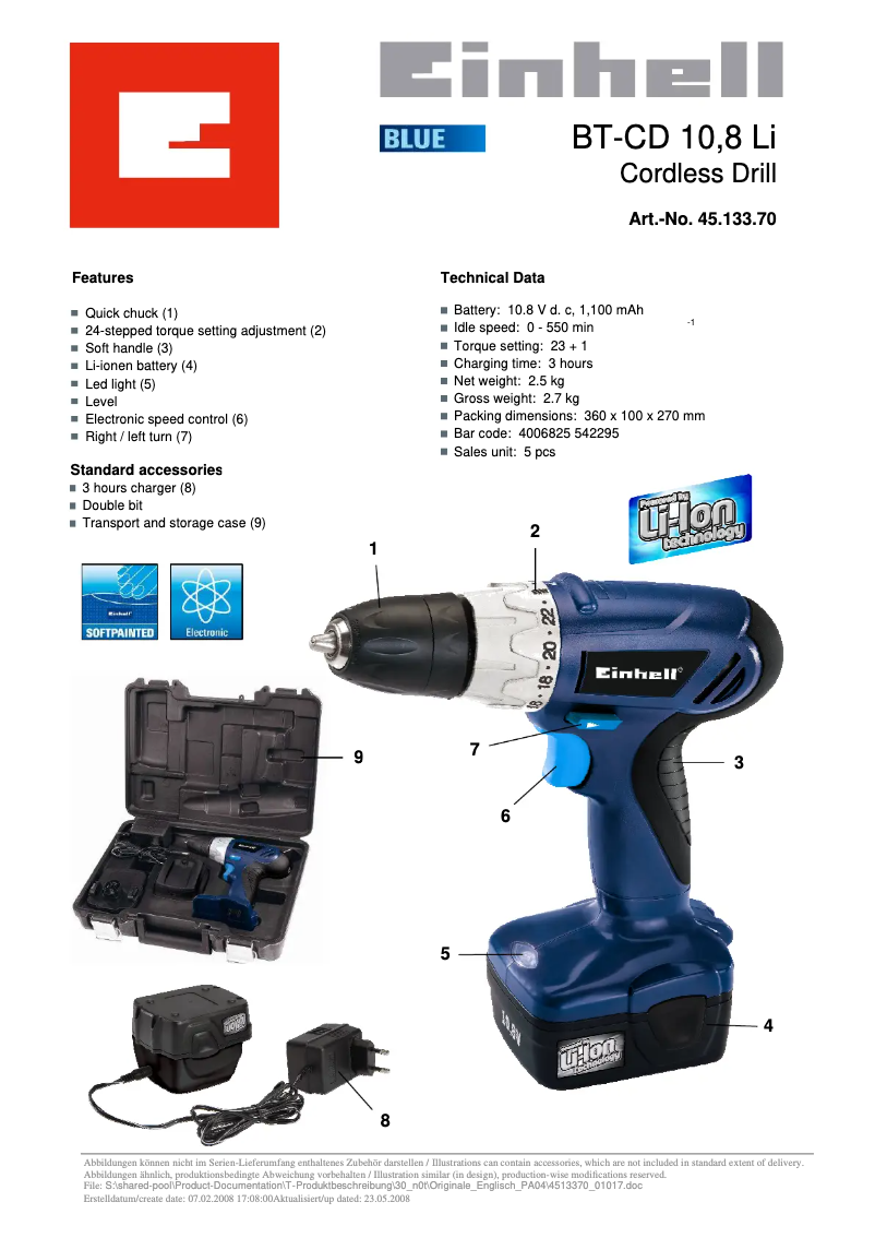 Page 1 de la notice Manuel utilisateur Einhell BT-CD 10,8 Li