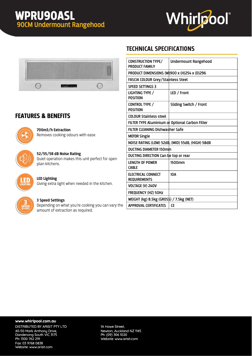 Página 1 del manual Ficha técnica Whirlpool WPRU90ASL