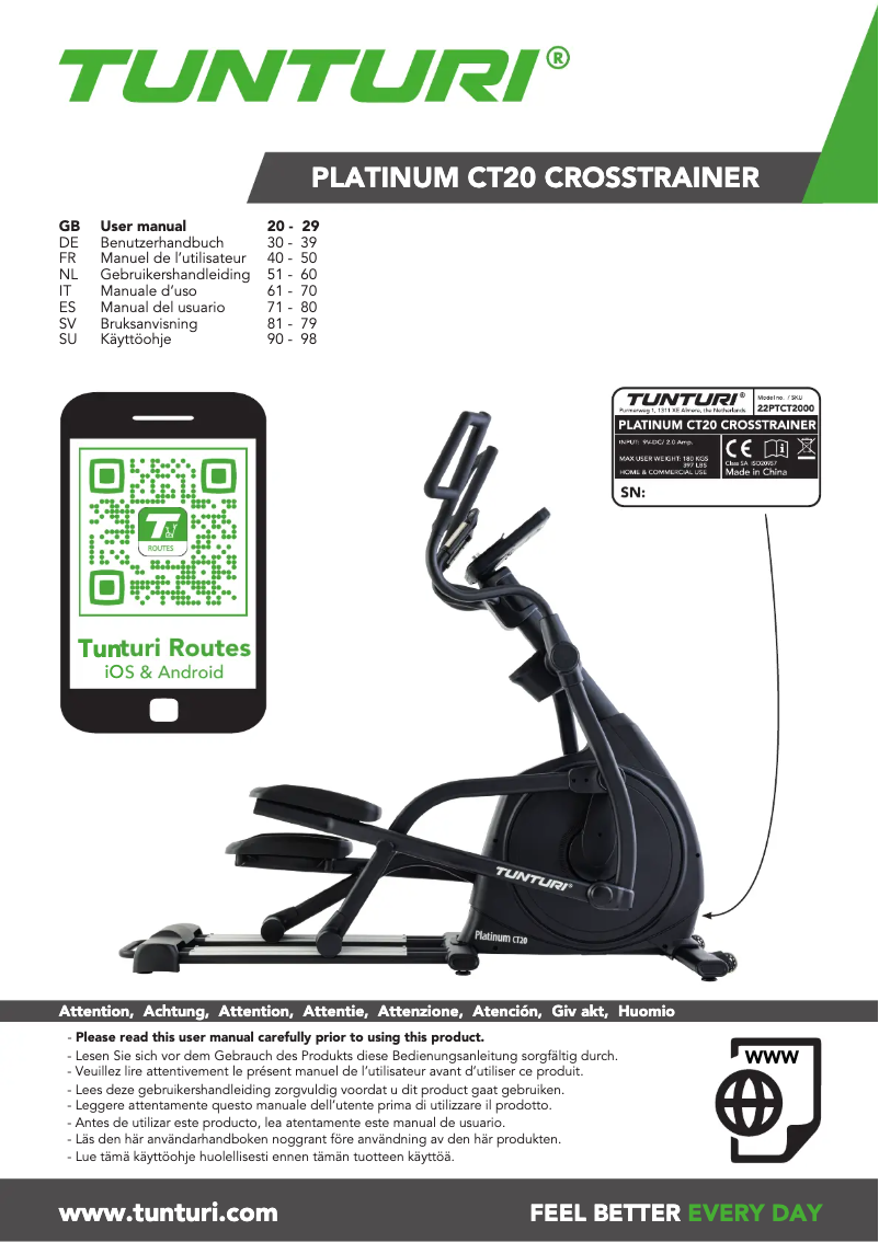 Page 1 de la notice Manuel utilisateur Tunturi Platinum CT20