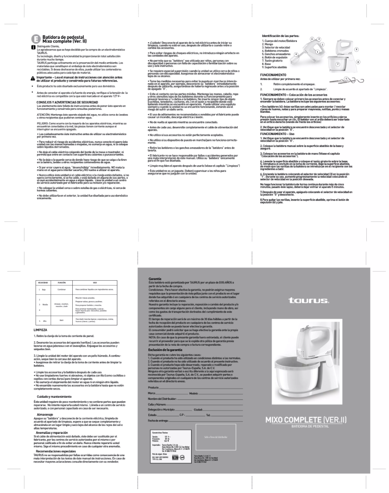 Page n°1 - Manuel utilisateur Taurus Mixo Complete