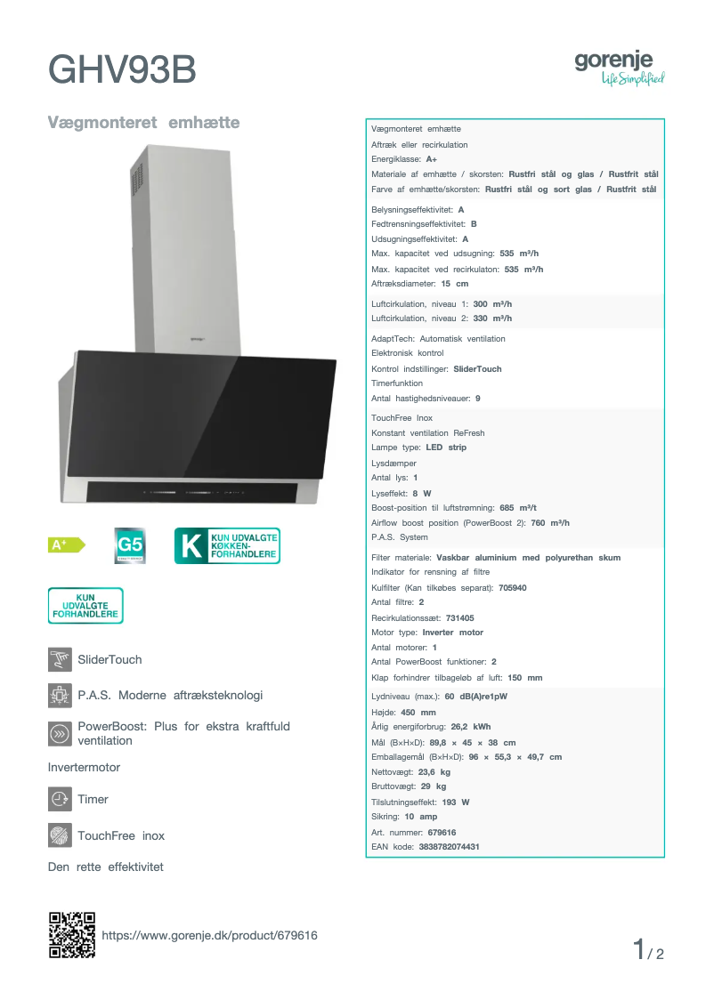 Page n°1 - Fiche technique Gorenje GHV93B